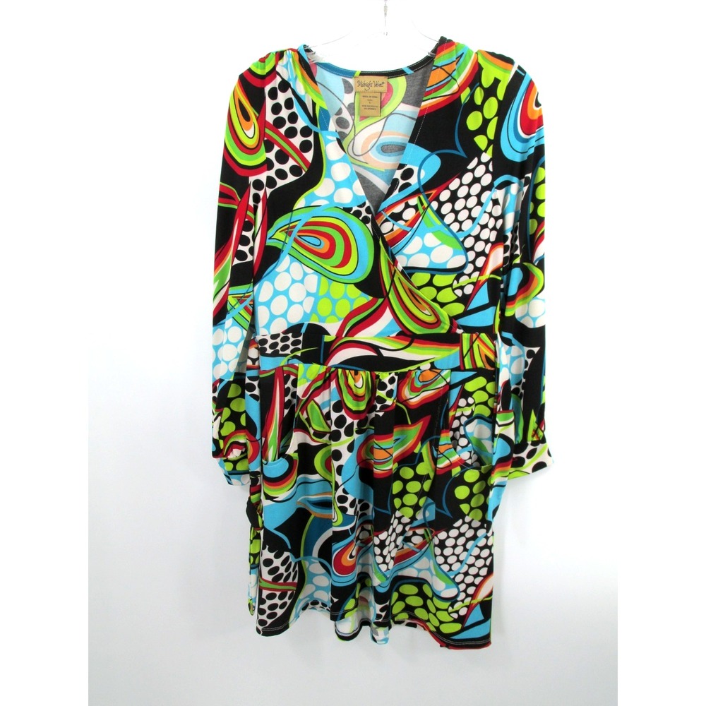 Midnight Velvet Womens Multicolor Abstract Faux Wrap Midi Dress L Slit Sleeve
